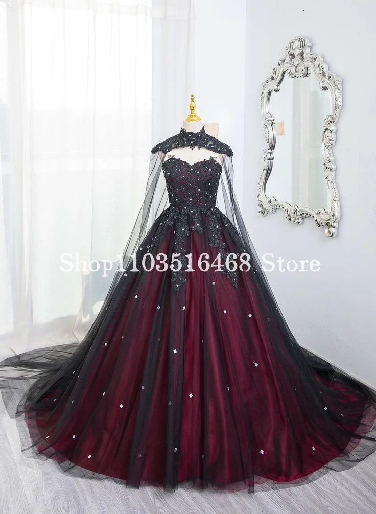 Black Red Gothic Wedding Dress Vintage Sheath Appliqué Beaded Strap Shawl A Line Bridal Victorian Gown فساتين الزفاف