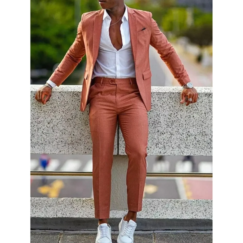 

Orange Formal Men Suits For Wedding Prom Notch Lapel Blazer Custom Made Fashion Tuxedos Two-Piece Jacket+Pants Trajes De Hombre