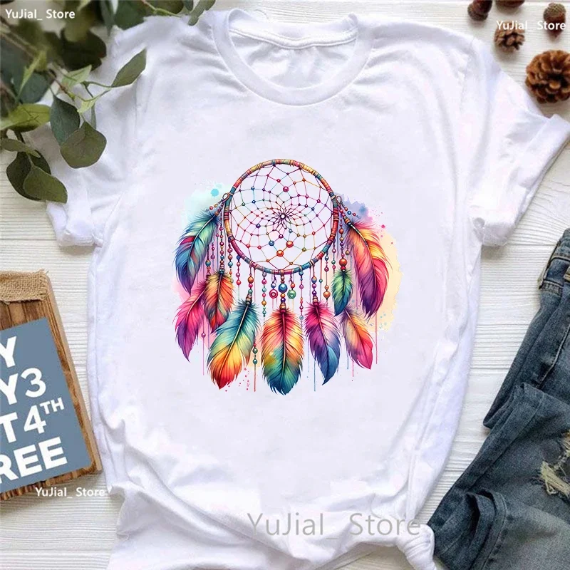 Watercolor Dreamcatcher Printed T Shirt Women Wind Chimes Funny Tshirt Femme Summer Short Sleeve T-Shirt Female Streetwear