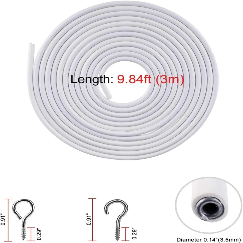 2 Pack White Curtain Wire, Plastic Coated Window Curtain Wire,  Picture Hanging Wire with 8 Pairs of Screw Eyes and Hooks