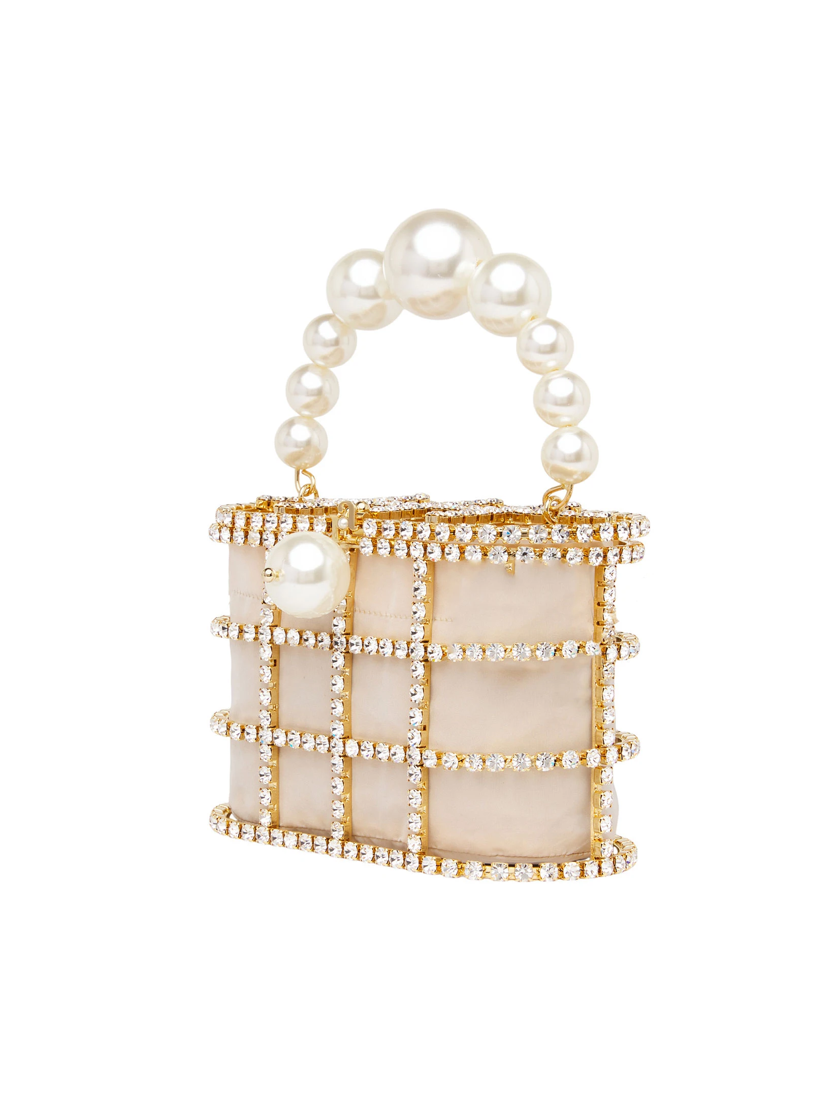 Lost in Vintage Luxury Evening Bag made with Crystals and Pearl-like On Gold Brass Structure Metal Beaded Handle Purse Party