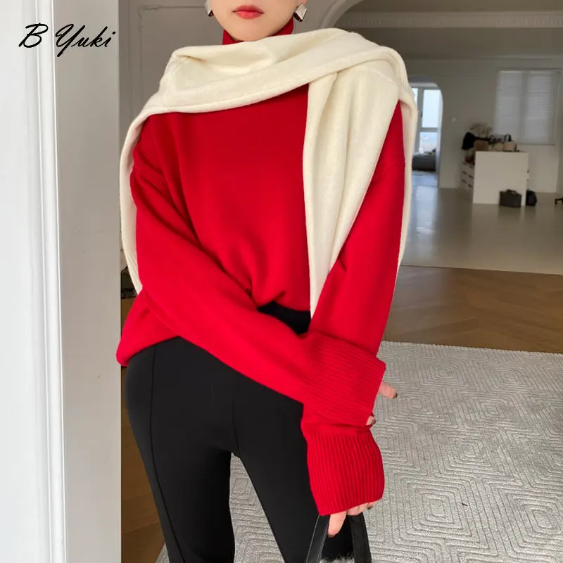 Blessyuki maglione lavorato a maglia a collo alto in Cashmere sciolto donna autunno inverno addensare Pullover di base caldo maglione semplice