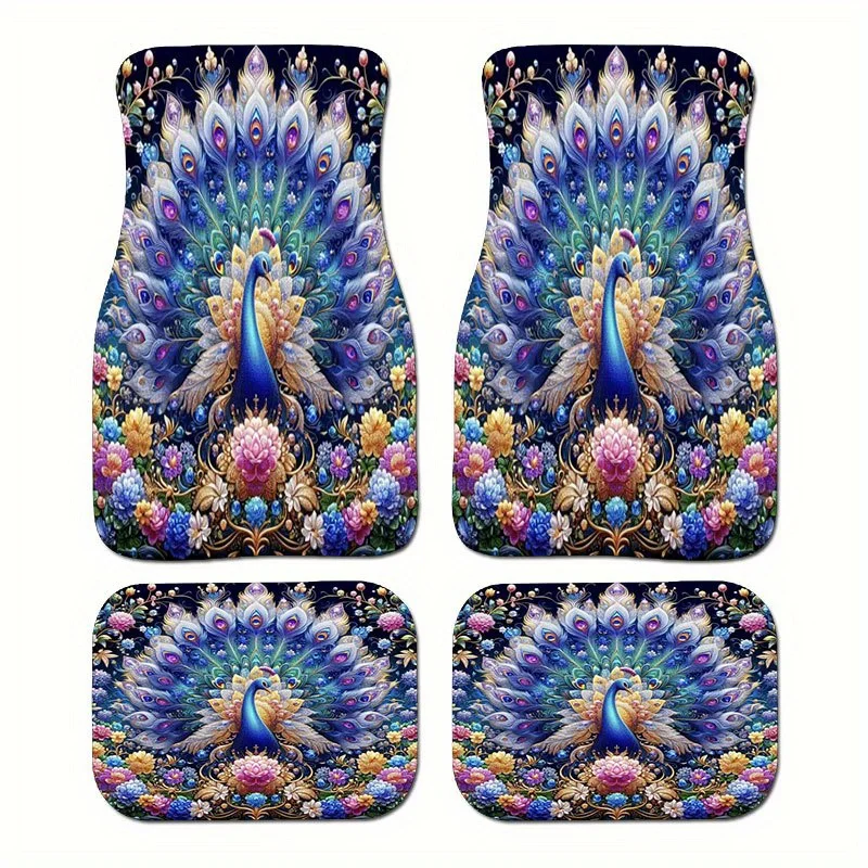 4pcs Luxury Crystal Velvet Car Floor Mat, Multi-Color Options(Blue/Pink/Golden/Black) With Peacock& Bird Pattern, Easy-Clean Car
