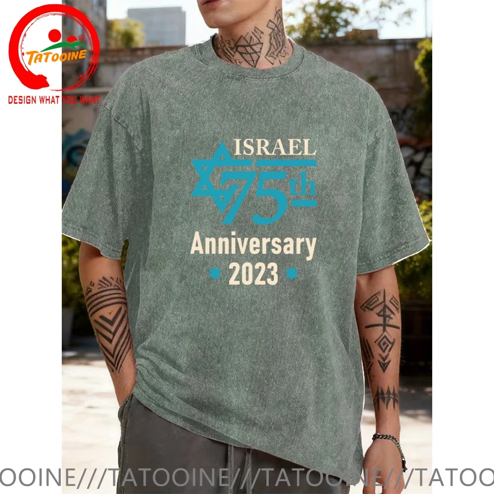 Vintage Washed Cotton T-Shirt Israel 75th Anniverary   T Shirt for Men Fashion Trendy Casual Clothing