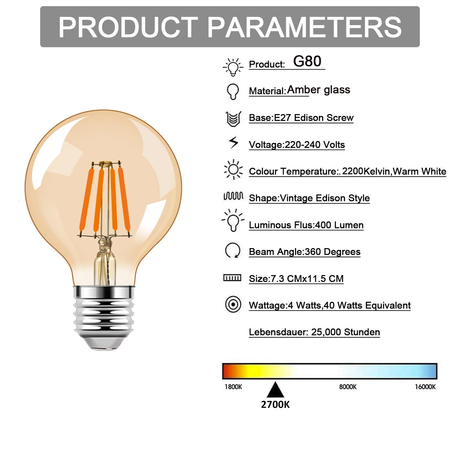 Lâmpada LED Edison Vintage, Matiz Dourada, Filamento, Regulável, Lâmpadas de Noite, G40, G45, G125, 1W, 4W