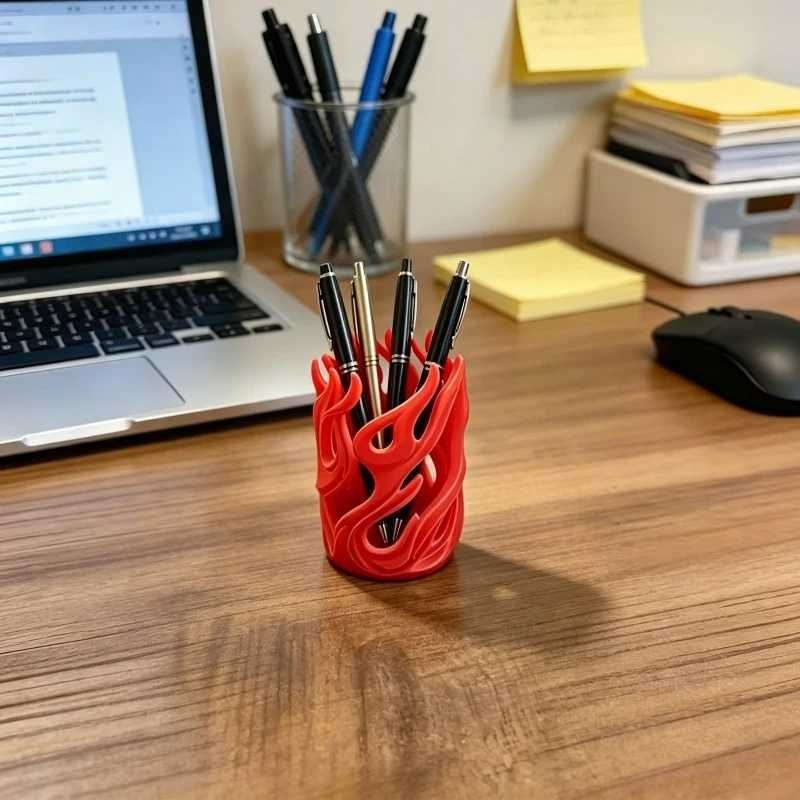 Flame Hollow Pen Holder,Red Cutout Pencil Cup,3D Printed Prop For Students Office Workers Gamers Study Table Home Decor