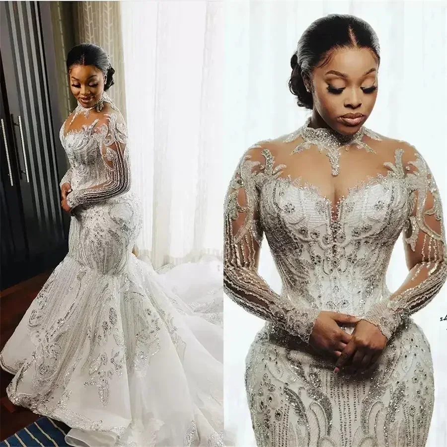 Customized Sparkly Saudi Arabia Mermaid Wedding Dress High Neck Illusion Long Sleeve Bridal Gowns Crystal Bride Robes De Mariee