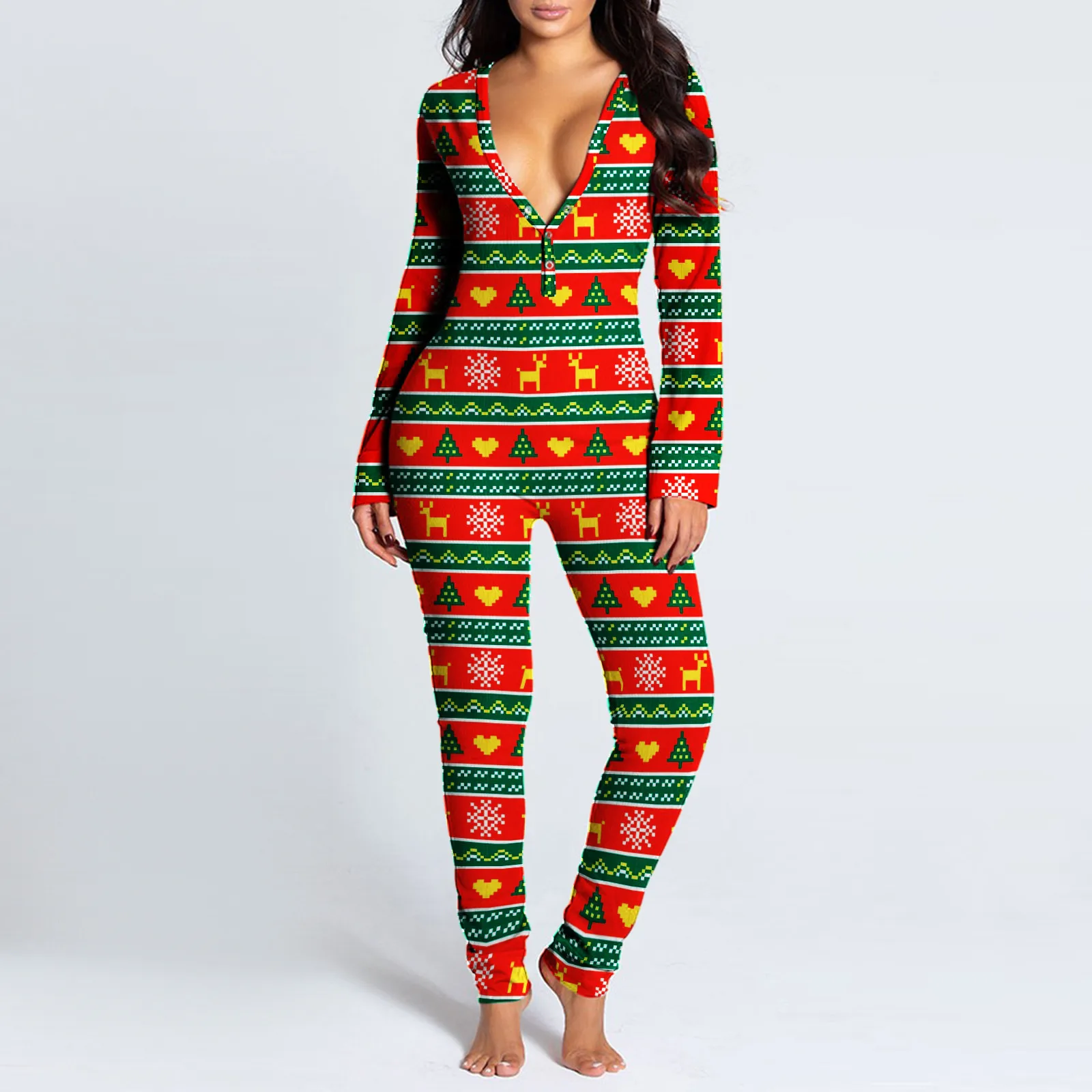 Women\'s Pajamas Christmas Printed Sexy Jumpsuit 2024 Fashion Casual Button Front Bottom Rear Hip Opening Flip Jumpsuits