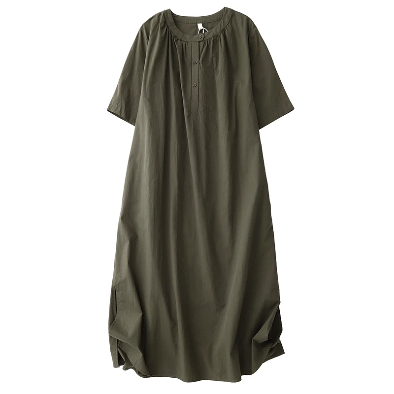 Abito lungo casual a maniche corte allentato retrò in cotone e lino tinta unita da donna Boho Streetwear Beach Holiday Summer New