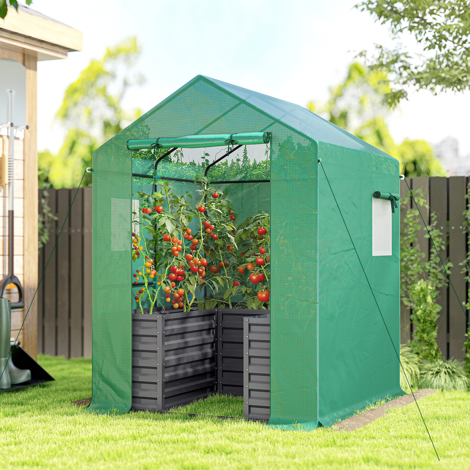 Greenhouse with Raised Garden Bed, Galvanized Steel Outdoor Greenhouse with Roll Up Door, 56
