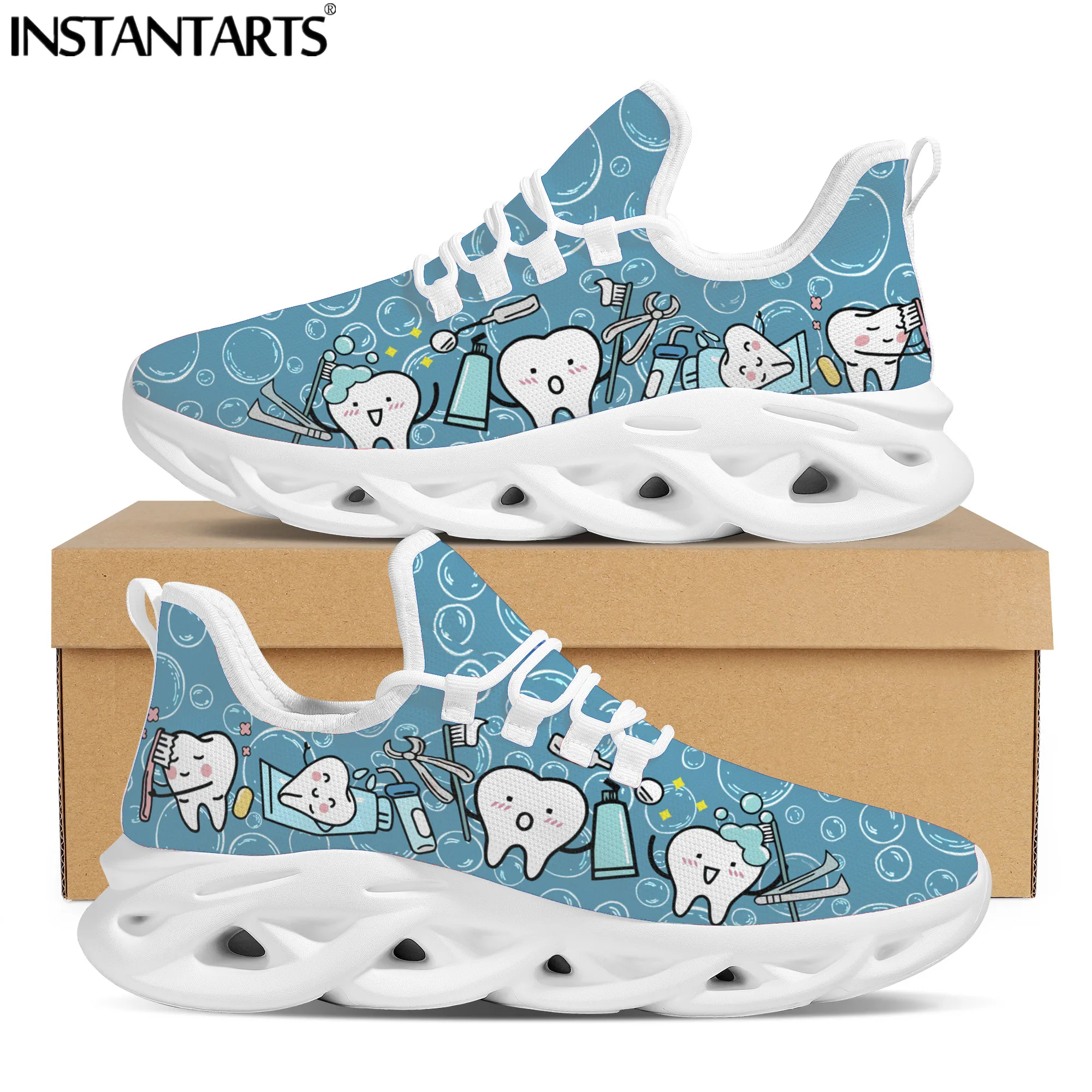 

INSTANTARTS White Cartoon Tooth Pattern Women Flats Shoes Mesh Lace Up Comfortable Walk Sneaker Female Footwear Dentisit Shoes