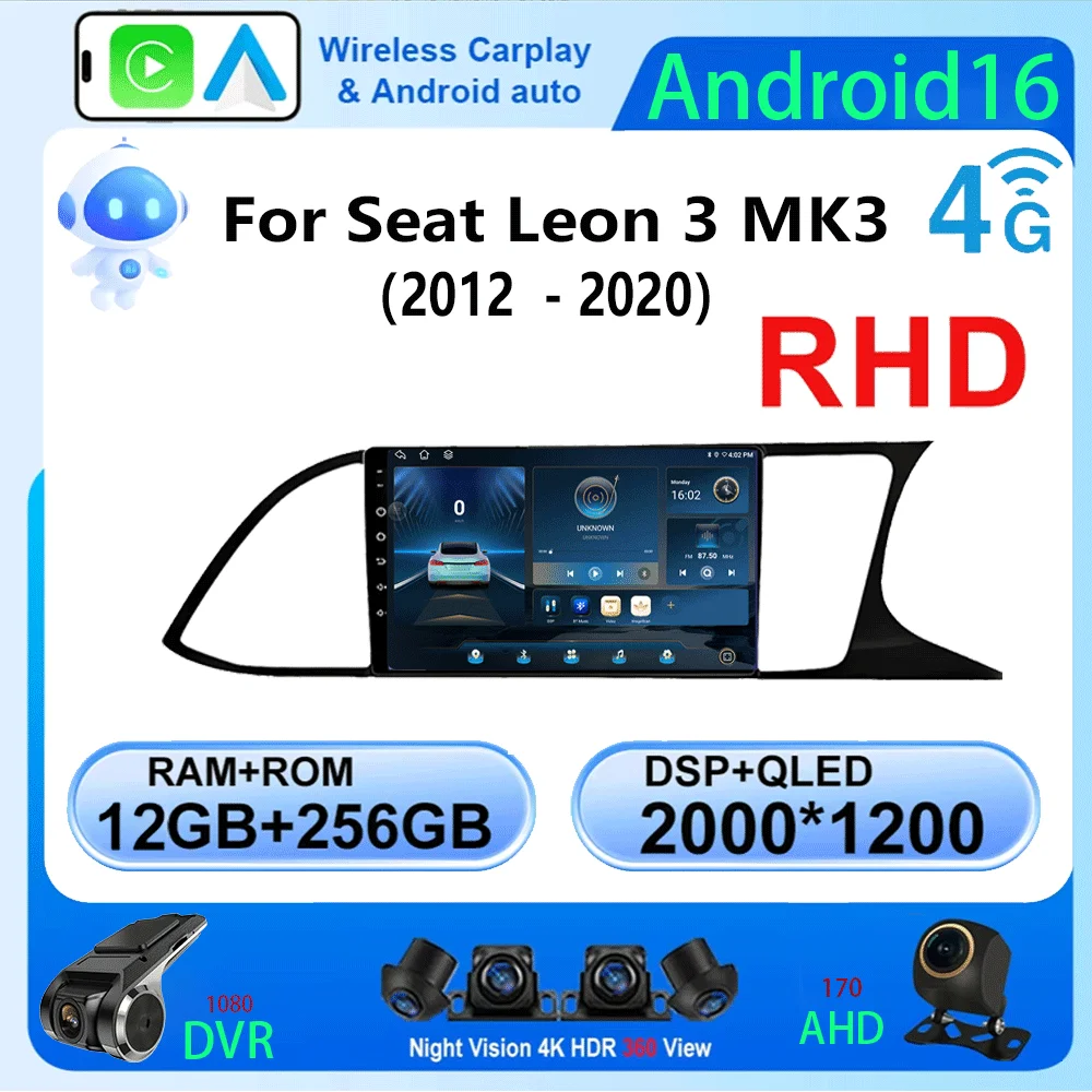 Radio para Auto LJZN con Android 16 y Carplay Inalámbrico para Seat Leon 3 RHD 2012-2020, Navegación GPS, Reproductor Multimedia Estéreo, Wifi+4G