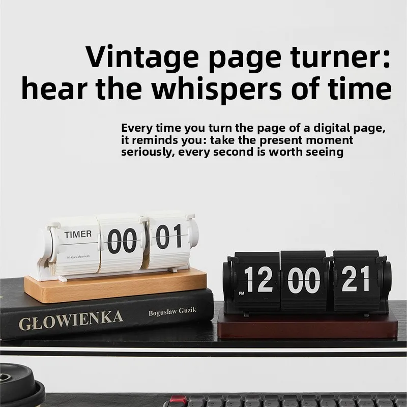 Vintage Wooden Desk Clock 3-Page Flip Timer with Seconds Minimalist Flipover Alarm Home Office Decor Unique Gift