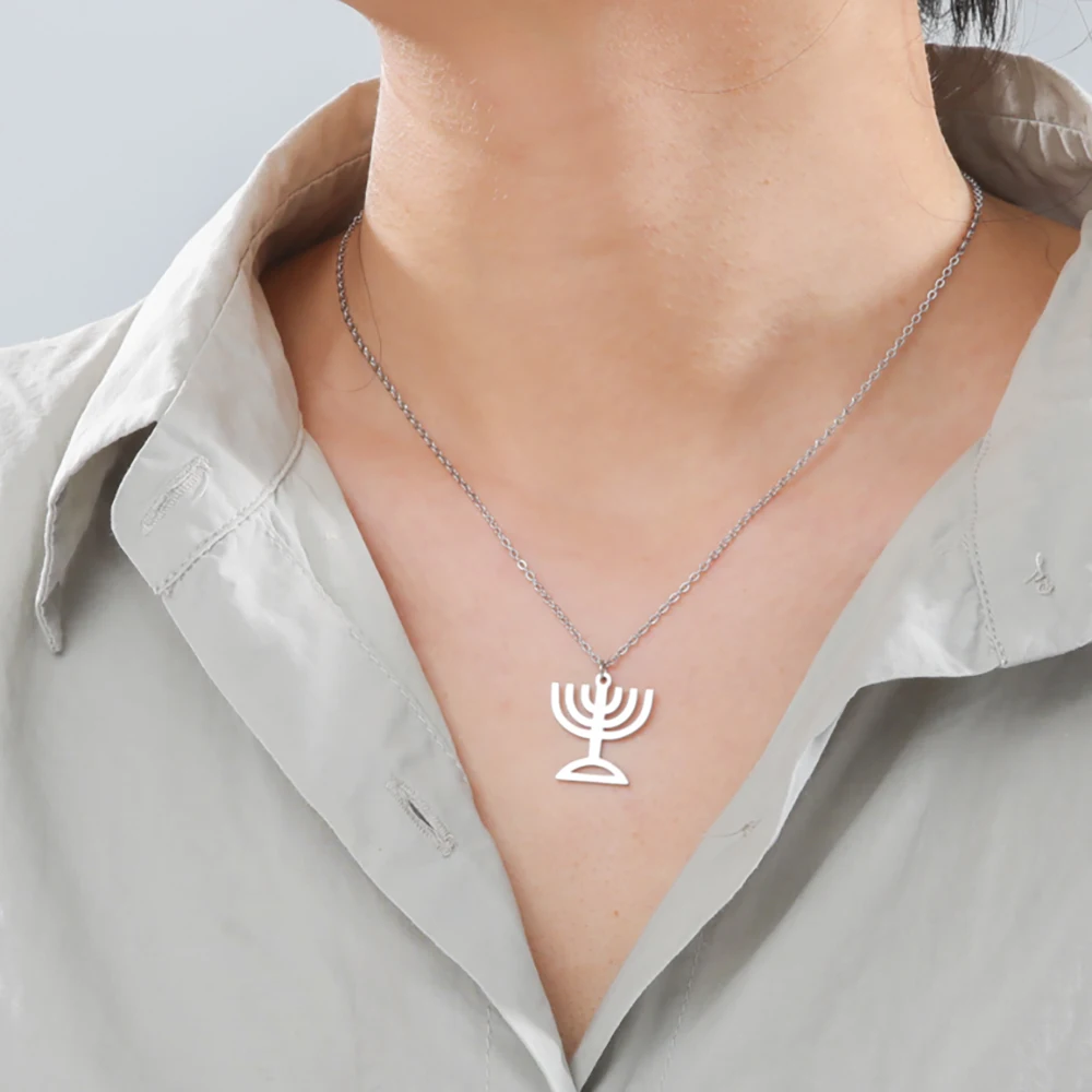 Skyrim Menorah Candle Holder Pendant Necklace for Women Geometric Religious Jewelry Chain Necklaces Stainless Steel Judaica Gift