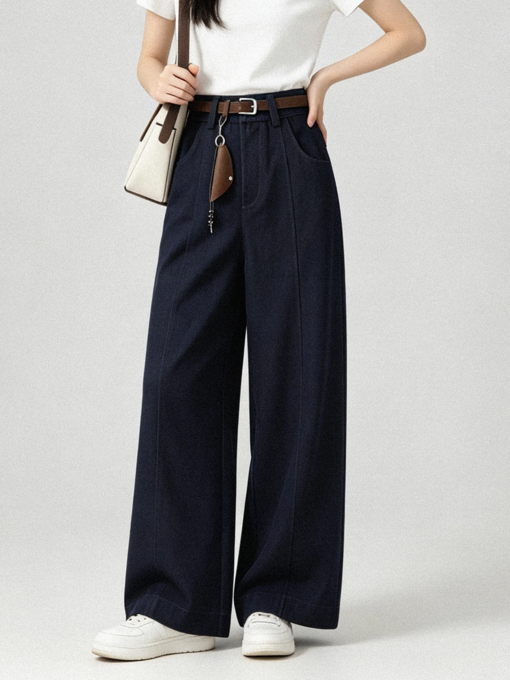 Retro Winter Fleece Lined High Waist Slimming Nine Inch Denim Pants Wide Leg Commuter Versatile Korean Style Natural Waist