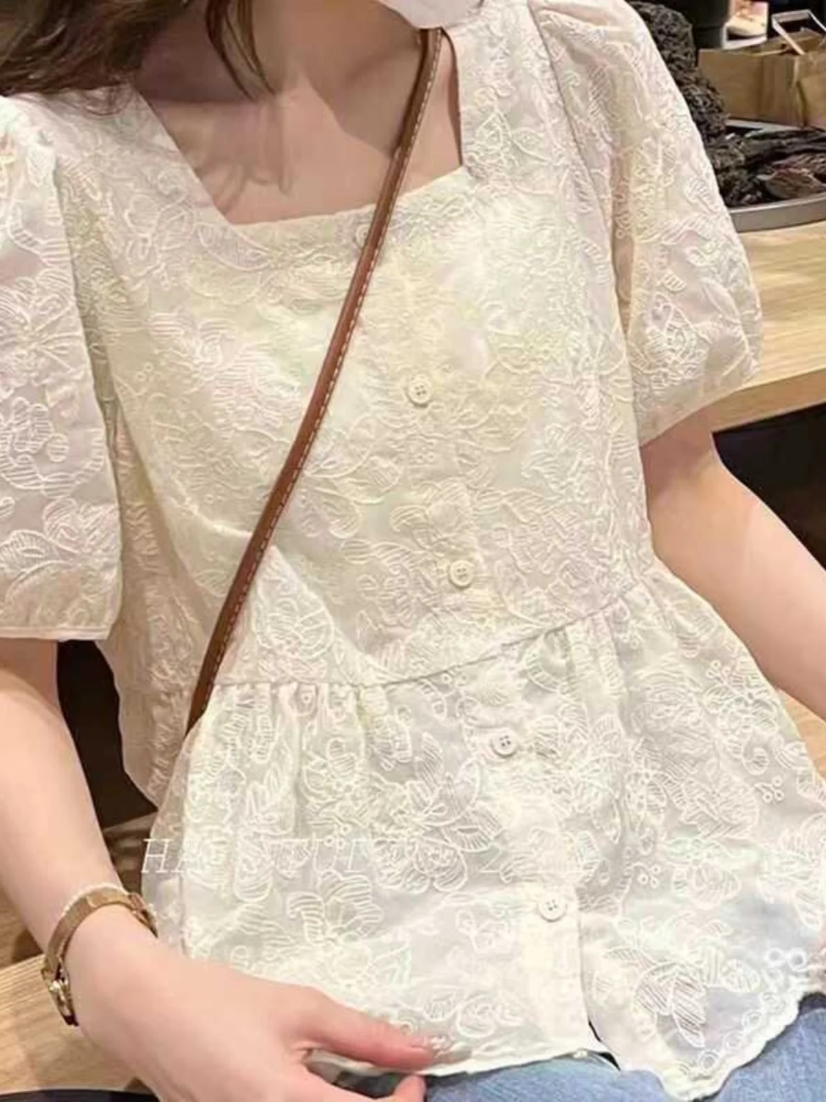 우아한 프랑스 스타일 자수 레이스 버블 슬리브 스퀘어 칼라 돌 셔츠 여성 여름 캐주얼 루즈핏 반팔 탑