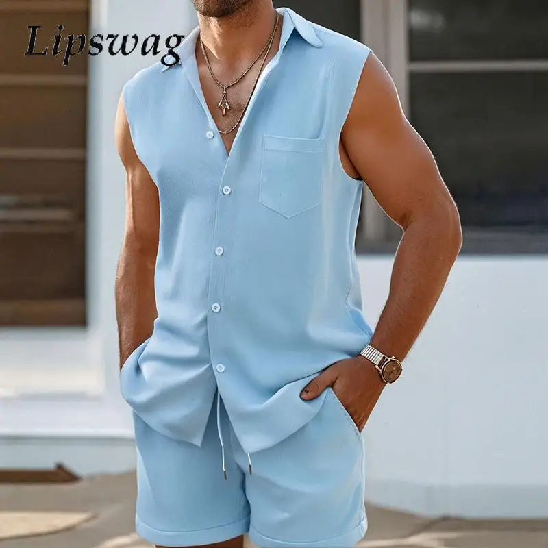 

Vacation Beach Leisure Loose Outfits Men Summer Fashion Sleeveless Vest And Shorts Suits Casual Solid Color Mens Two Piece Sets