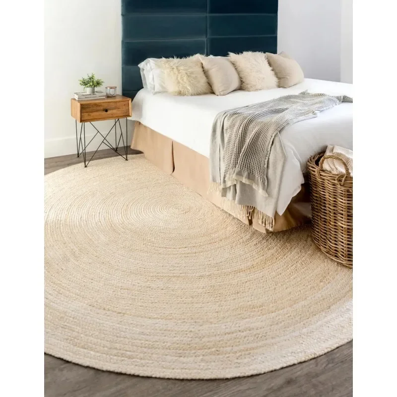 

Round Rug Natural Jute Reversible 100%Handmade White Rug Braided Modern Look