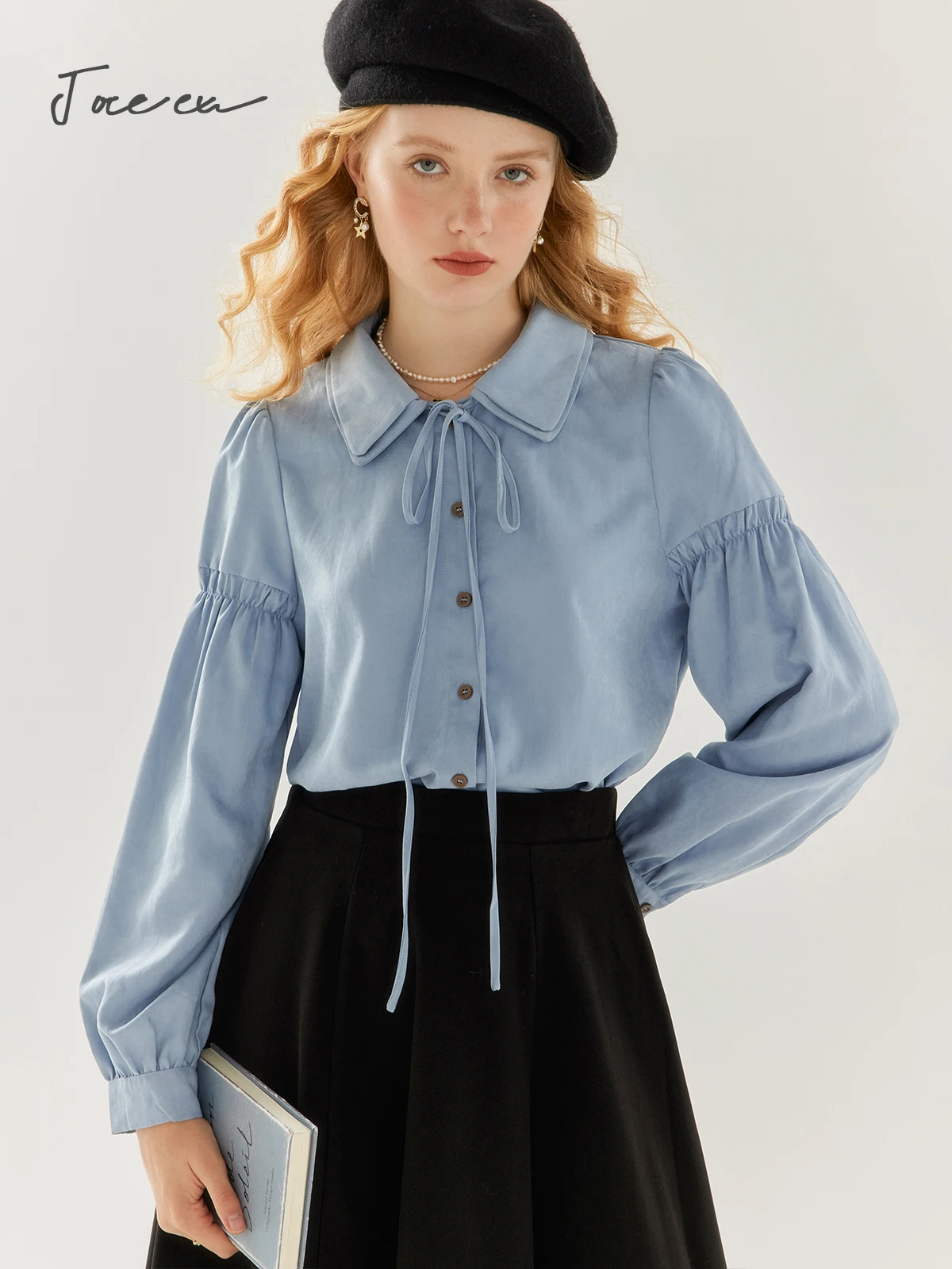 JOREEU French Style Double-Layer Loose Shirt 2024 Spring Autumn Commuter Lace-up Button Up Long Sleeve Blouse Womens Top TM00618