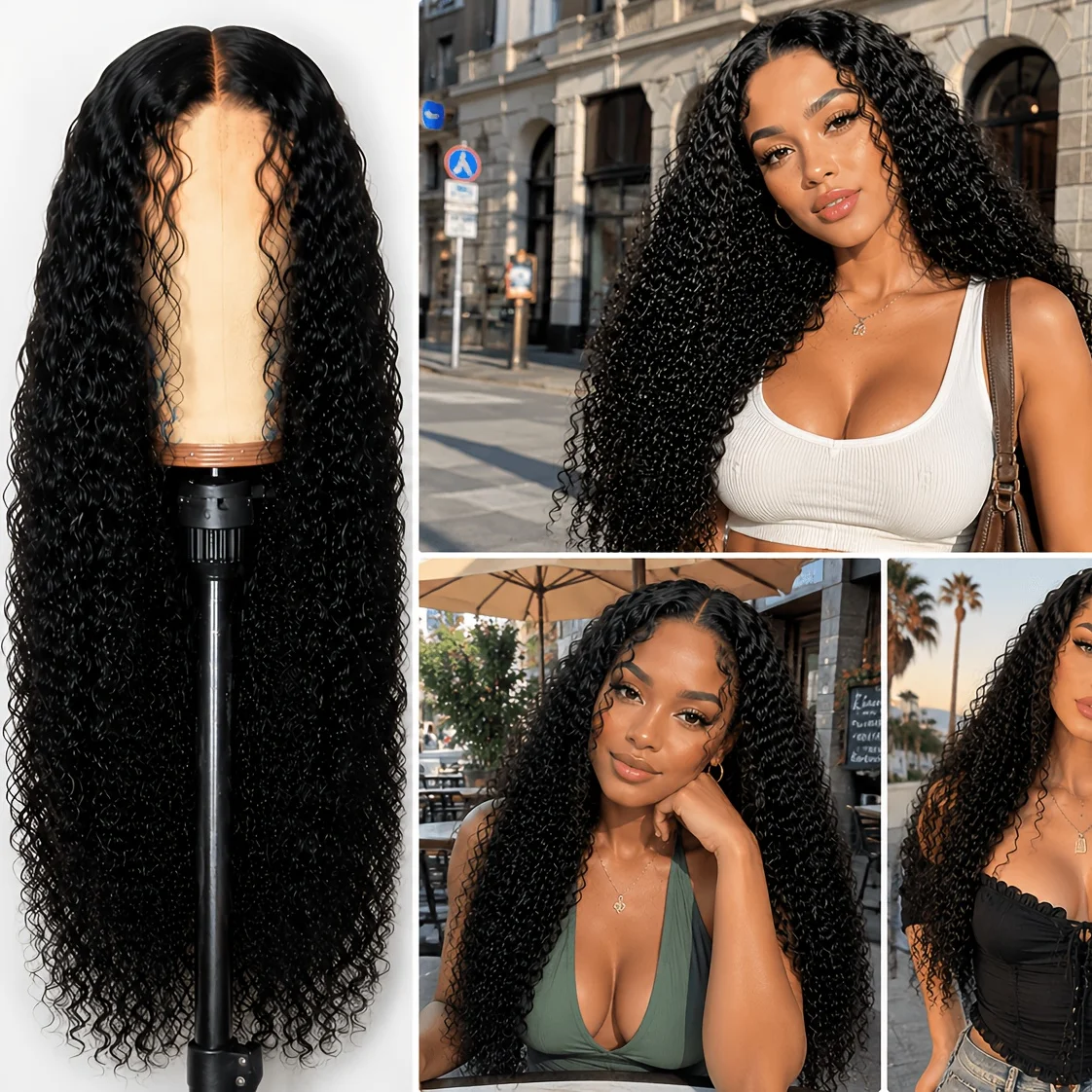 Black Wavy Water Ripple Front Top Wig Loose Curls Natural Style Long Curly No Glue Required Role-playing Suitable Hairpiece