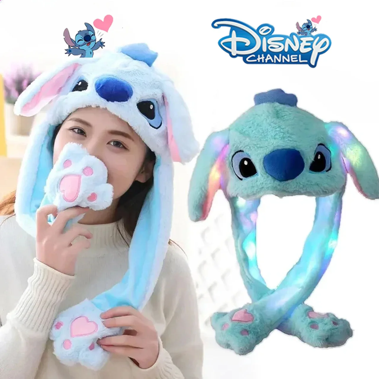 

Disney Cute Stitch Plush Long Glowing Ear Funny Moving Jumping Rabbit Bunny Hat Cosplay Hats Kids Halloween Accessories Gifts