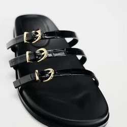 Fashion flat sandals women 2024 summer new black buckle breathable round head fashion casual sandals