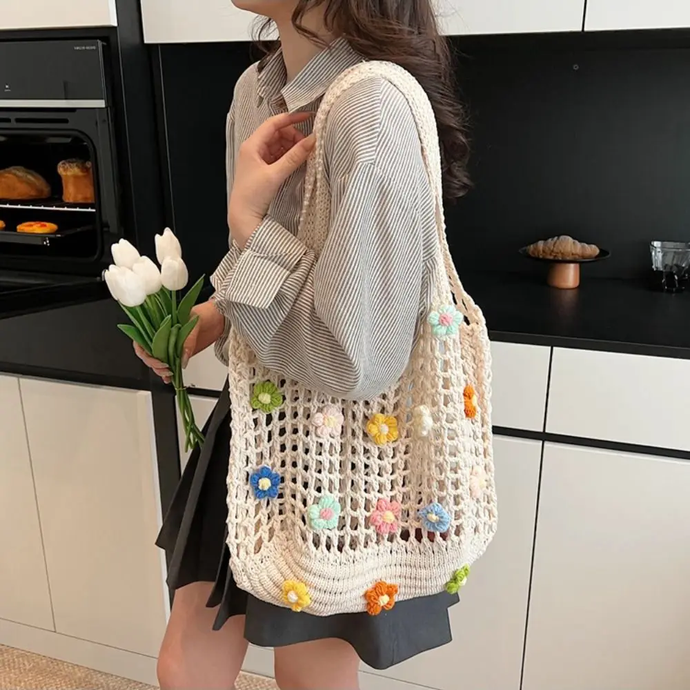 

Hollow Out Flower Thread Woven Bag Beach Handbag Bohemian Style Beach Bag Large Capacity Tote Bag Hollow Shoulder Bag Summer
