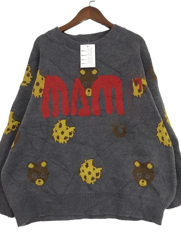 Vintage Women's Knitted Wool Sweater Winter Warm Fce Netie Cartoon Embroidery Street Sle Straight Cut Long Sve Top