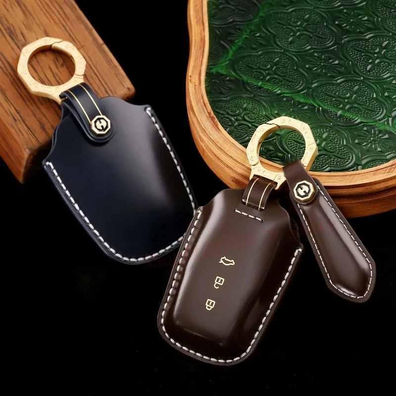 High-End Personality Genuine Leather Key Case Cover Protective Shell Keychain For Toyota Highlander Avalon 2024 Car Accessories