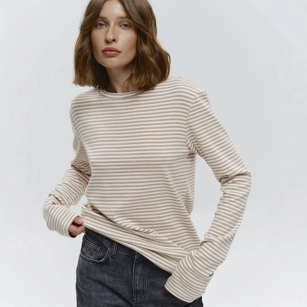 

2025 русский осенне-зимний полосатый пригородный свитер с длинными рукавами, облегающий хлопковый свитер с круглым вырезом, пуловер