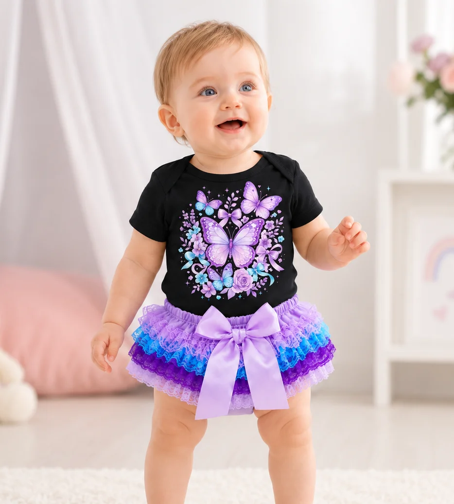 2Pcs Baby Girl Summer Outfit Purple Butterfly Floral Print Short Sleeve Romper + Rainbow Lace Tutu Skirt Big Bow Princess Birthd