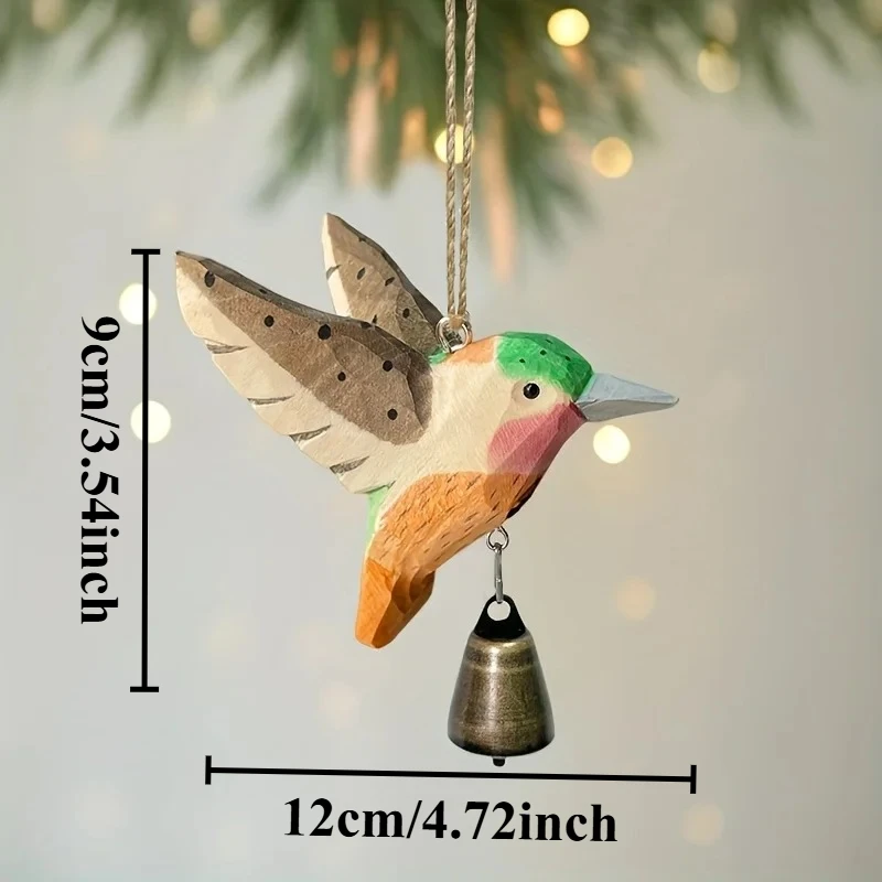 Hand‑Carved Wooden Hummingbird with Ring Bell Hanging Bird Ornament Hand‑Painted Home Party Tree Decoration Gift for Mom
