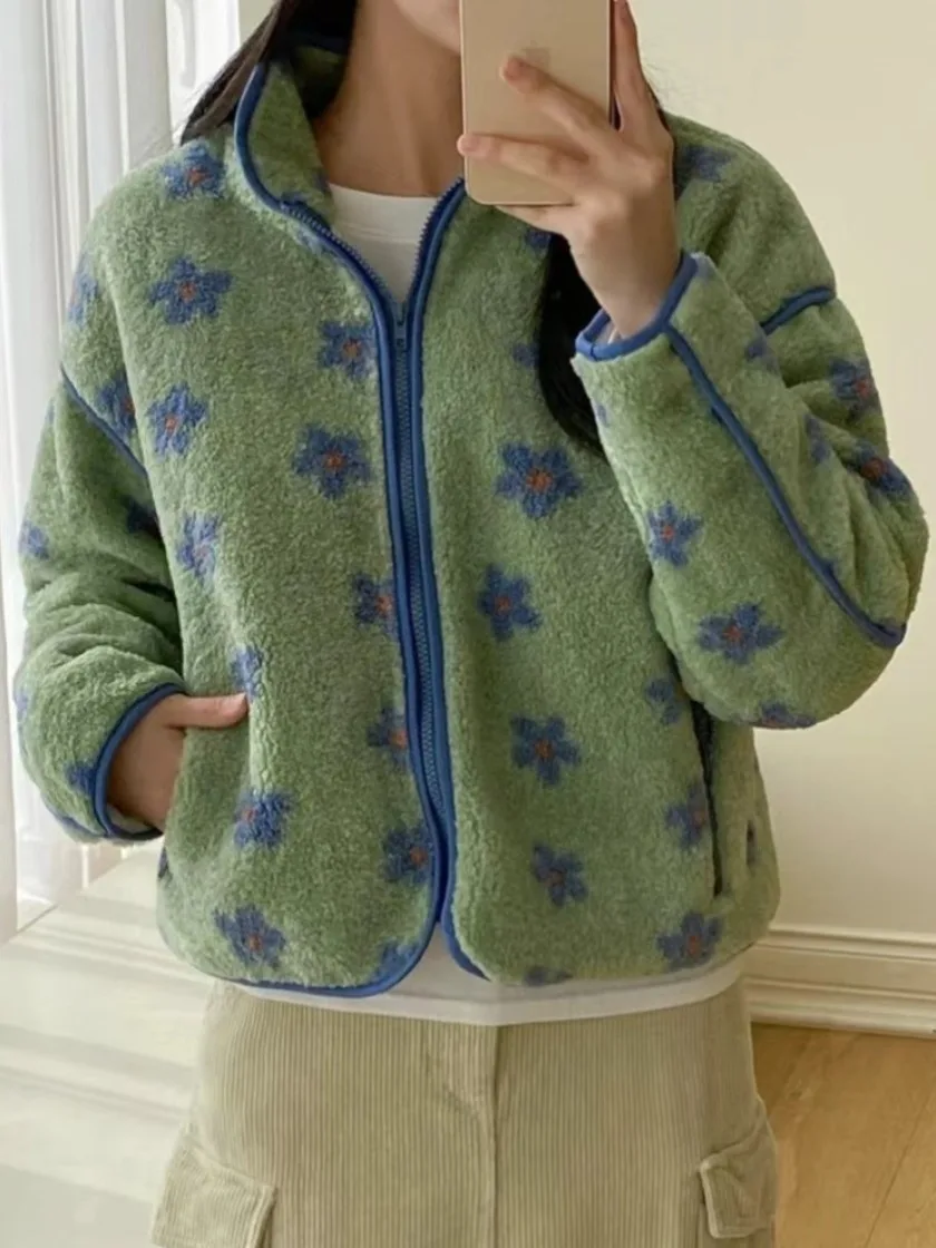 세련된 빈티지 겨울 따뜻한 플로럴 프린트 퍼리 지퍼 코튼 재킷 롱 슬리브 루즈 아우터웨어 20대 여성용