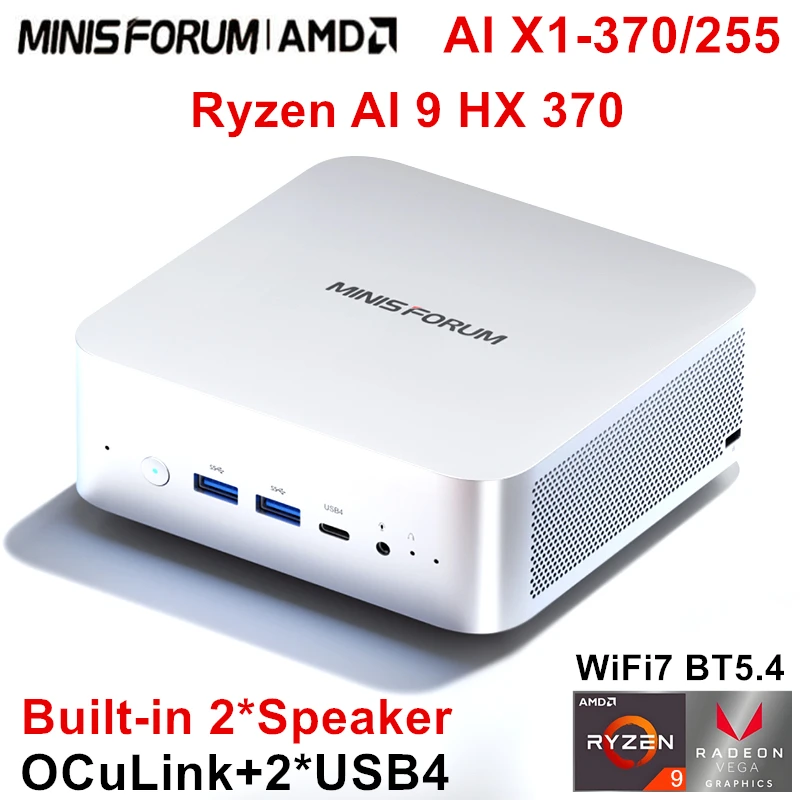 كمبيوتر صغير MINISFORUM AI X1 370 255 AMD Ryzen AI 9 HX 370 R7 255 OCuLink 2 * USB4 مكبر صوت مزدوج مدمج للألعاب كمبيوتر مكتبي WiFi7