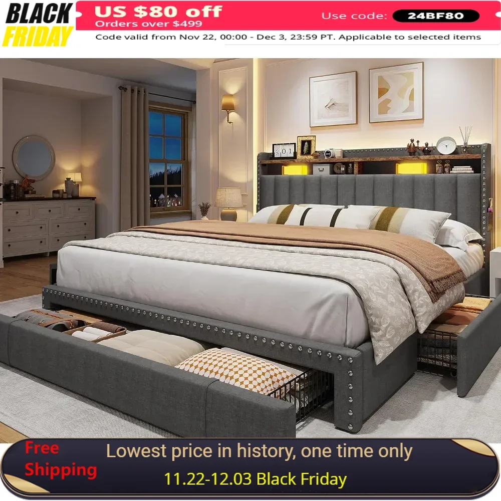 Queen Bed Frame with 3 Drawers & 2-Tier Storage Headboard，Platform Bed Frame with Storage，Wood Slats Support，No-Noise，Bed Frame