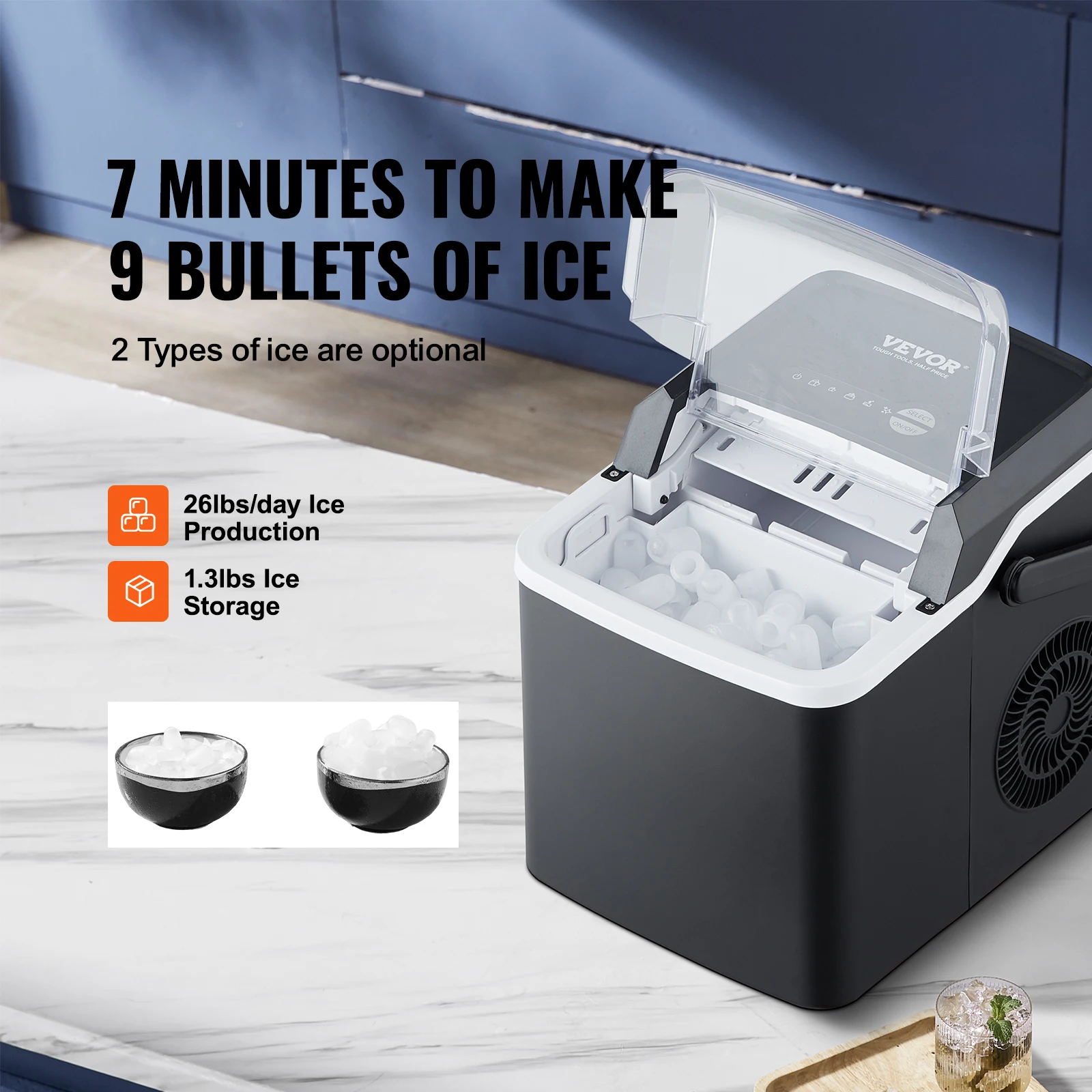 VEVOR-Self-Cleaning Countertop Ice Maker, Ice Maker portátil com Ice Scoop e cesta, 9 Cubos Pronto em 7 Mins, 26lbs em 24Hrs