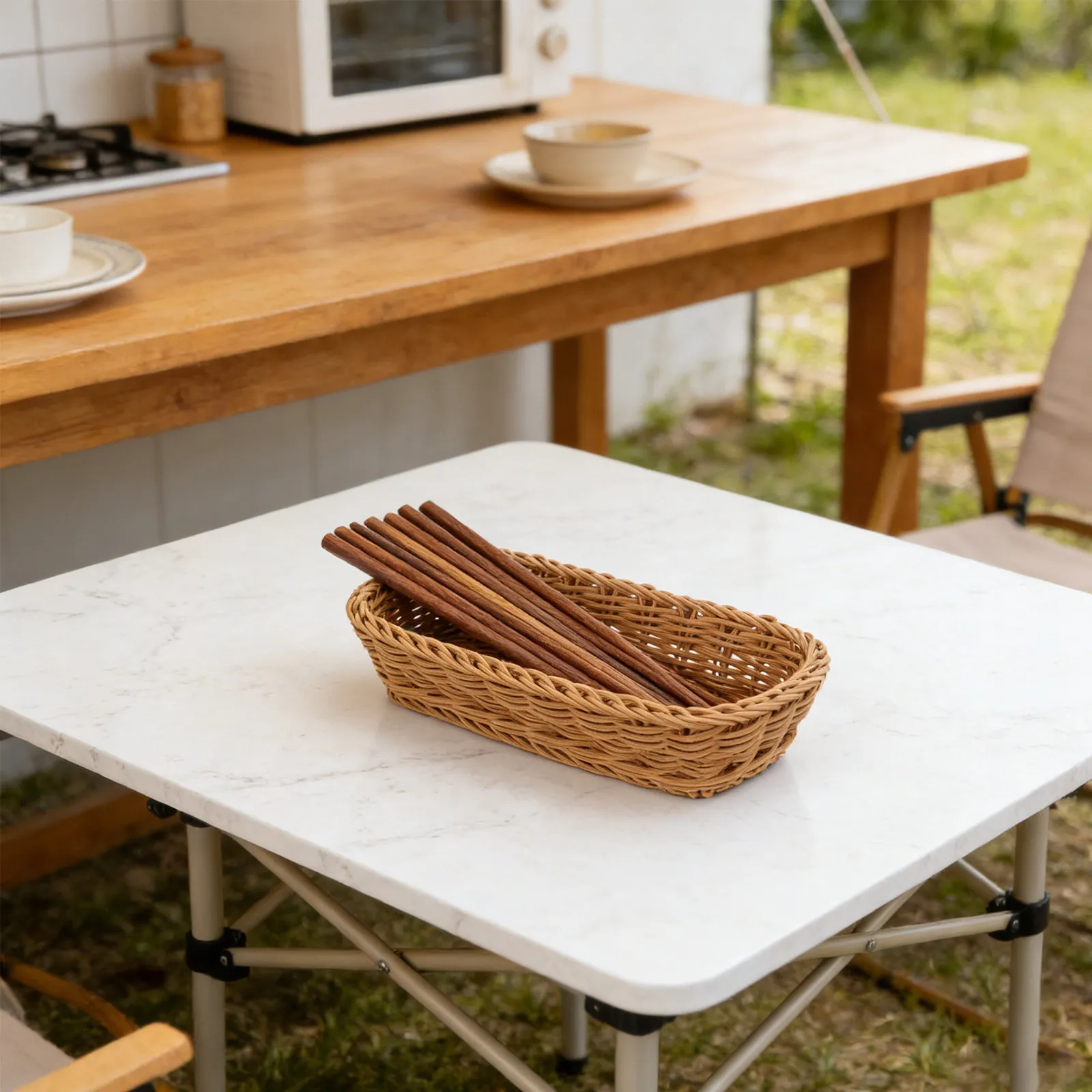 2Pcs Plastic Imitation Rattan Storage Basket Organizer for Kitchen Cutlery Utensils Spice Jars Multifunctional Tableware Holder