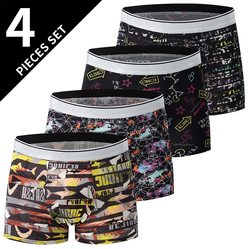 4-piece European and American size fashion men's black graffiti underwear casual Joker Beach shorts teenagers multicolor underwe