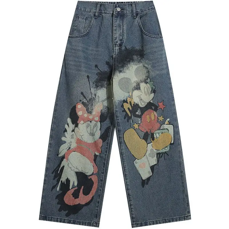 Sanrio Hello Kitty Cartoon Graffiti Jeans For Women Spring Autumn American Hip Hop Straight Pants Loose And Versatile Wide Legs