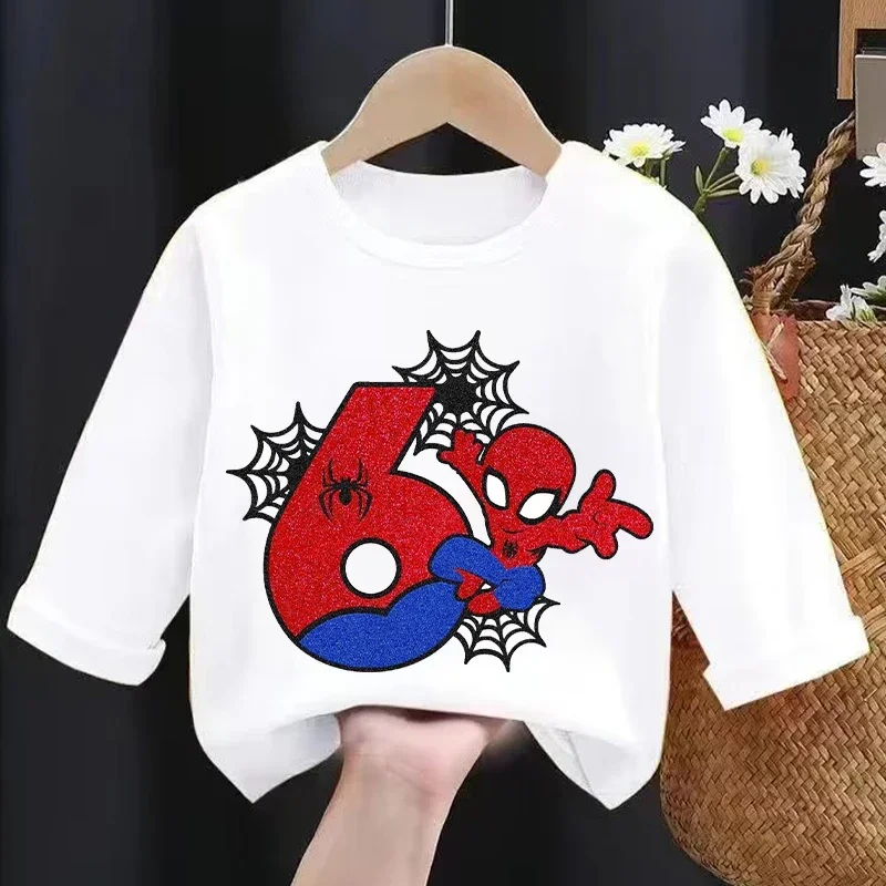 New Spider Children Long Sleeves T-shirts Cartoon Birthday Number Printed T-shirt Kids Casual Sport Tops Baby Boys Clothes view 5