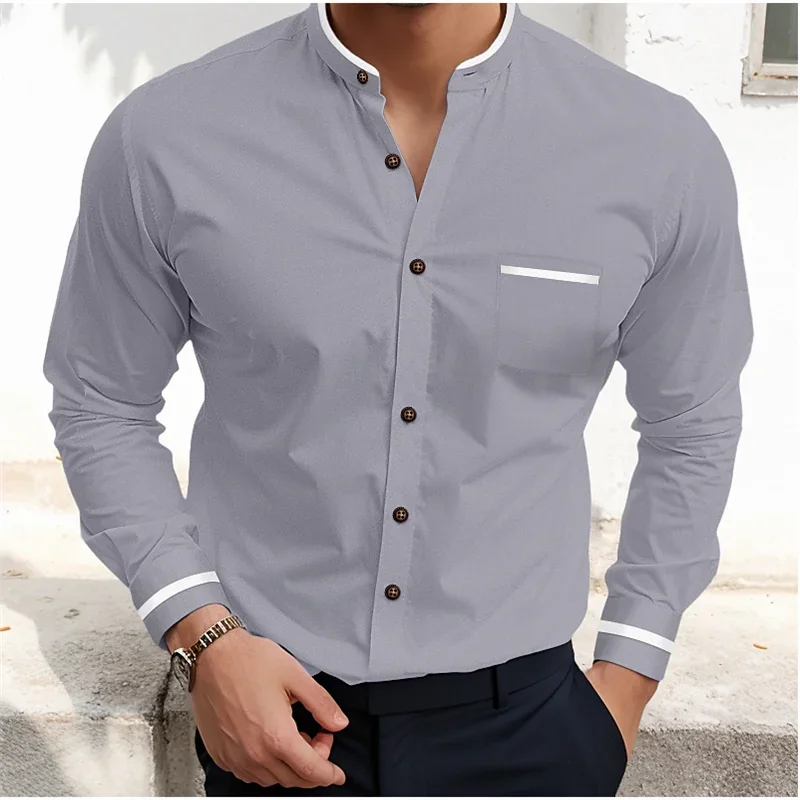 Camisa masculina de botão manga comprida, bloco de cor branca, gola, camisas formais, carreira de escritório, roupa de casamento, bolso primavera