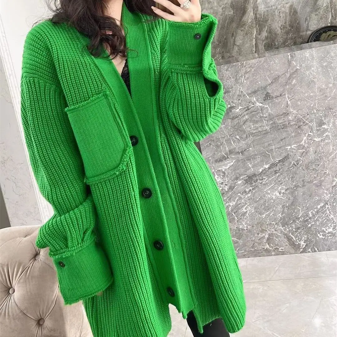 

Korean Style Knited Cardigan Women's V-neck Long Sleeves Single Breasted Mid Length Sweaters 2025 Spring New E11164