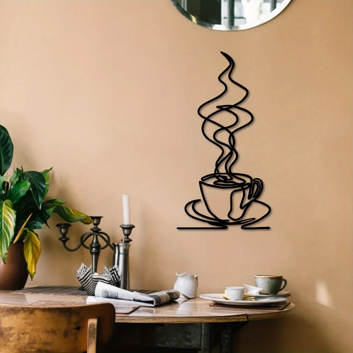 1pc metal coffee cup wall art, swirly mug of coffee minimalist line art,caffiene lover gift, hot coffee service for kitchen
