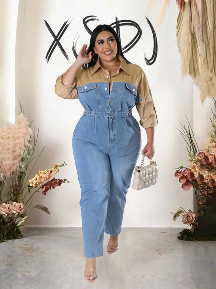 Casual Elegant Womens Jumpsuits with Jeans Autumn Winter Long Sleeve One Piece Outifts Cotton and Denim Jumpsuit Plus Size Lady