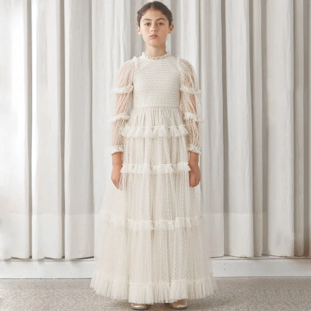 

Элегантные платья для девочек на свадьбу, с высоким воротником, многоярусные, из тюля, в стиле принцессы, для первого причастия, нарядные платья для выпускного вечера