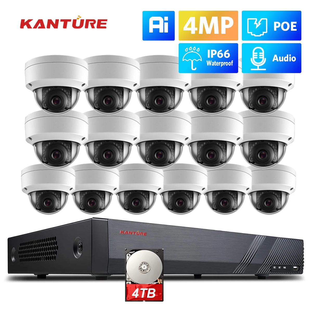 

KANTURE H.265 16CH CCTV NVR Kit 4MP Ai Human Detection POE Security Camera System Indoor Outdoor Waterproof Audio Camera Kit