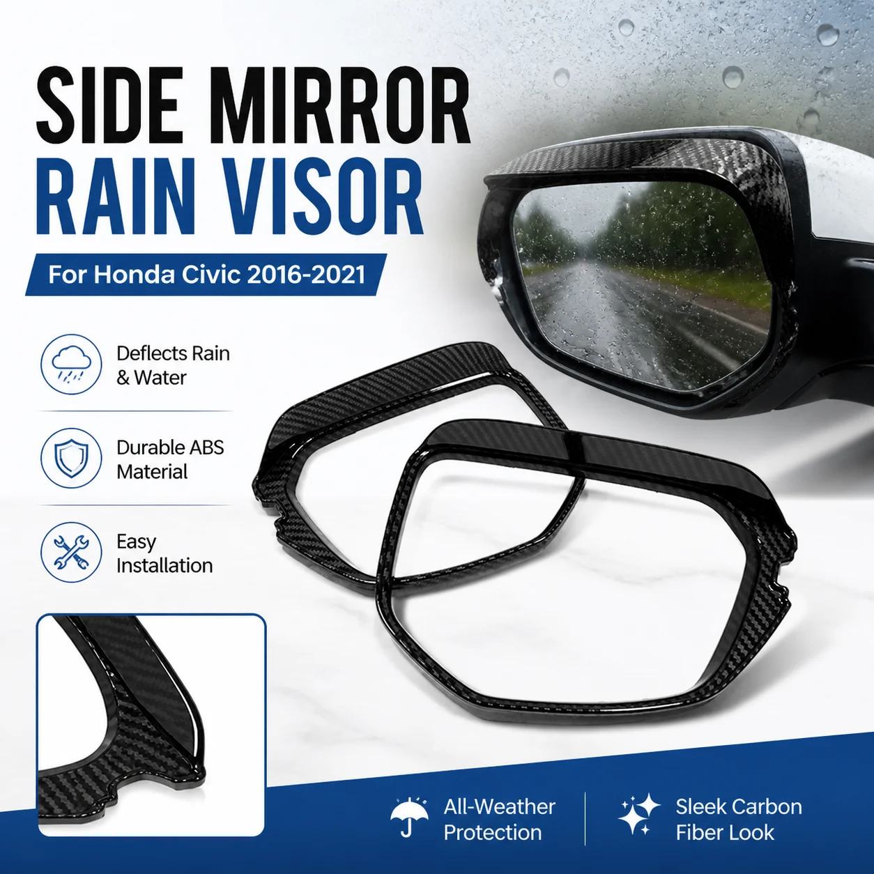 ABS Carbon Fiber Side Mirror Rain Visor for Honda Civic 2016-2021