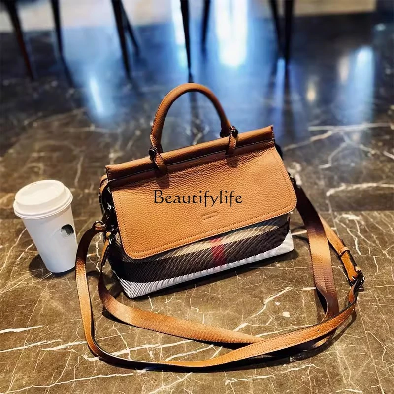 Plaid Cowhide Crossbody Bag, Casual, Genuine Leather, High-End, Portable, European and American Fashion