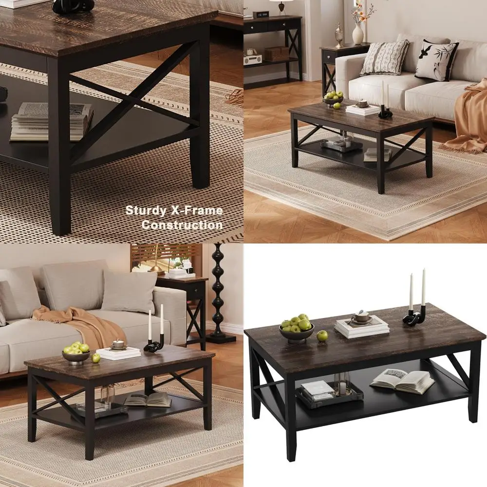 

Sturdy Wooden Coffee Table with Thick Legs and Storage for Living Room