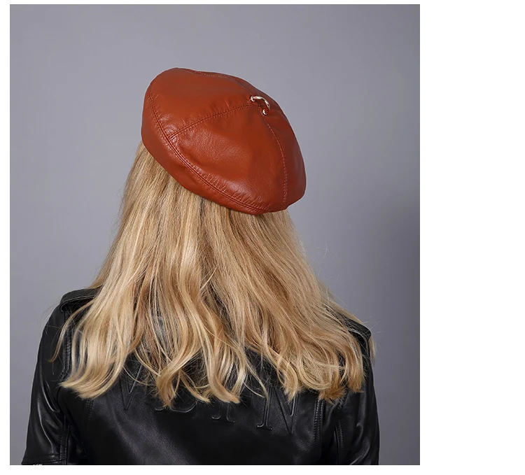 2025 frühling 100% Echt Leder Baskenmütze Hut Frauen Mode Europäischen Kürbis Maler Kappen Weibliche Regenbogen Farbe Weiß/Rot – Detail 8